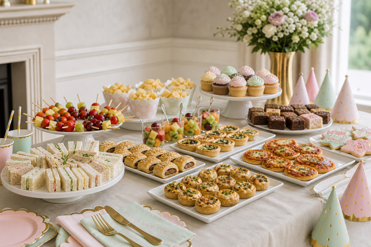 An elegant children's party buffet with sandwiches, savouries, fruit, cupcakes and tray bakes